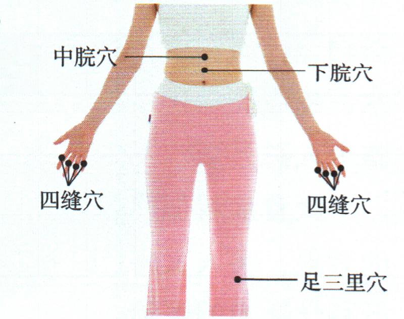 按摩足三里穴、四缝穴、中脘穴，促进吸收增点肉